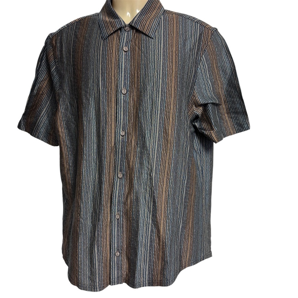 Jhane Barnes Striped Button Up Shirt Size M 100% Cotton Blue Gold